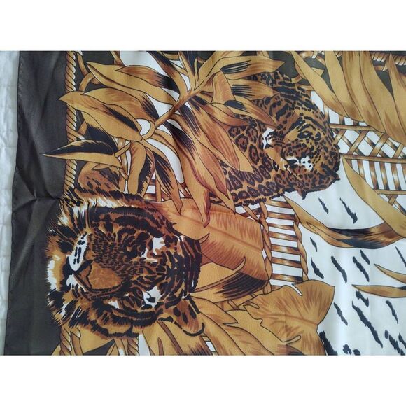 VTG Hermes Paris Olive Green Tiger Print 100% Seta-Silk Scarf 34" Head Cover - Picture 6 of 9